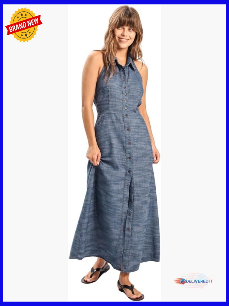 Linen Blend Maxi Dress Backless Button Front Elastic Waist A-Line